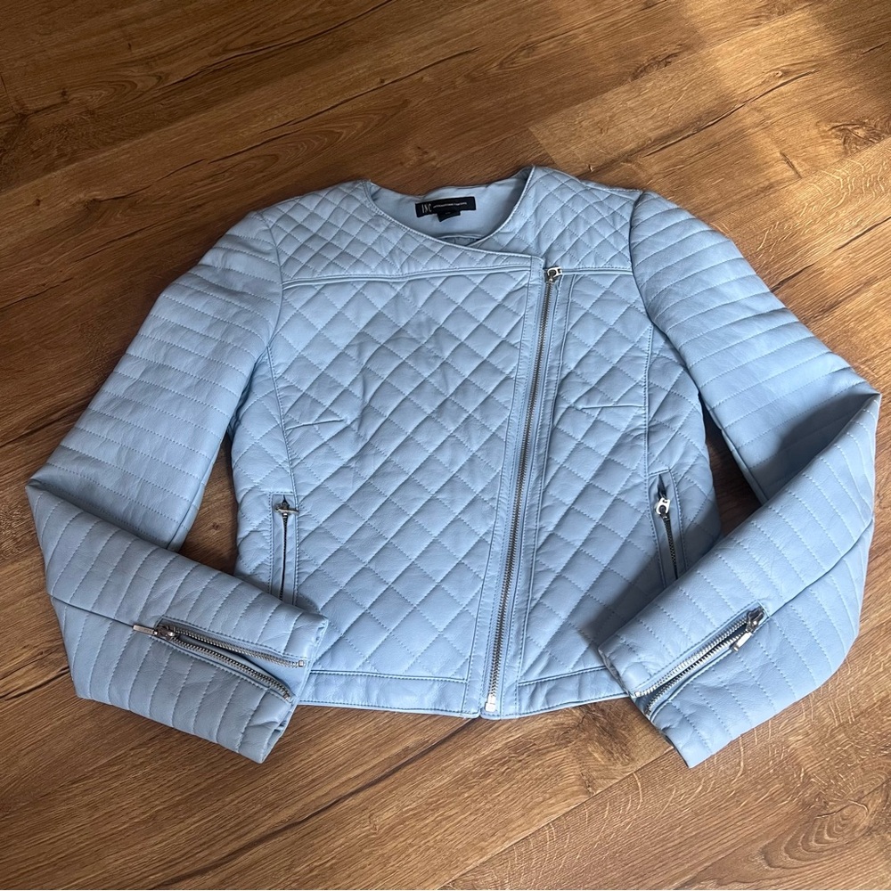 INC International Concepts Quilted Baby Blue Faux Leather Moto Jacket XS